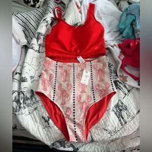 Boutique Stylish Red Lobster Print Bikini Set High waist bottoms